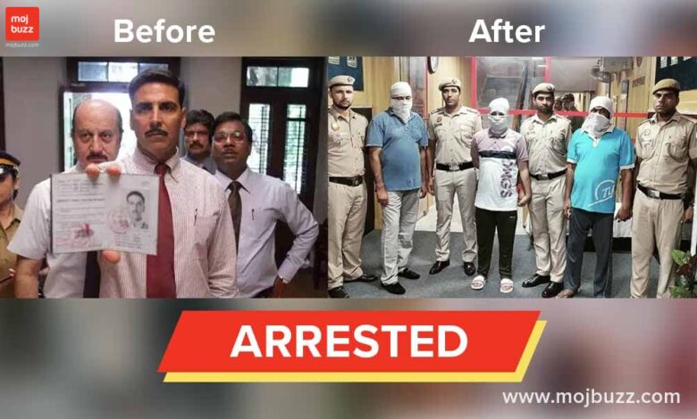 Left sideAkshay kumar and Anupam Khair and right side policeman with 3 robbers wearing mask