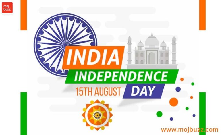 Independence Day banner with Taj Mahal on the back of the image