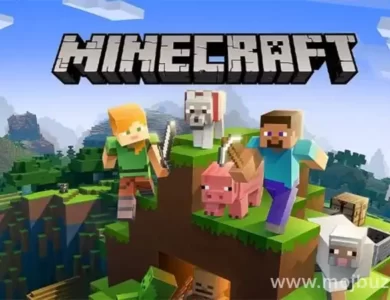 some game character running from mountain hill with their pets in Minecraft game