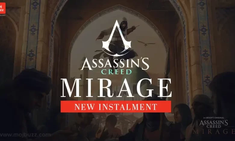 A game character is in the middle of the air and aiming for attacking someone in Assassin's creed mirage game