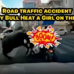 Road traffic accident Angry Bull Heat a Girl on the Bike